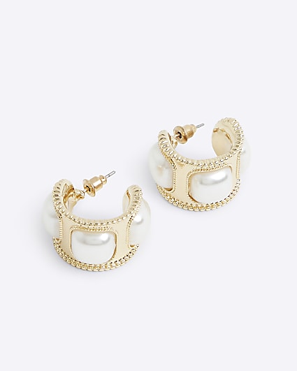 Gold pearl detail mini hoop earrings