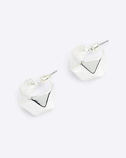 Silver hexagon mini hoop earrings
