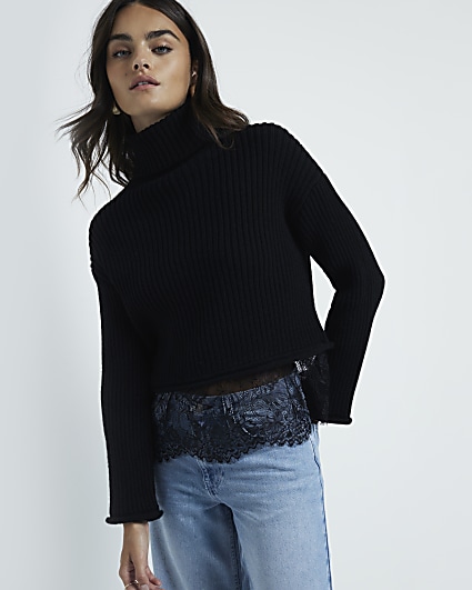 Black roll neck lace hybrid jumper