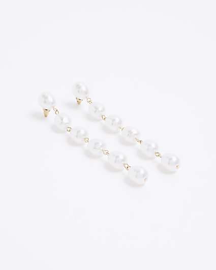 White pearl long drop earrings