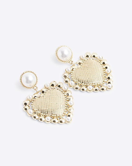 Gold pearl heart drop earrings