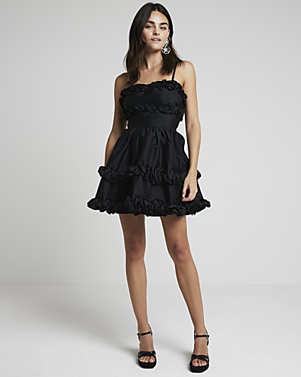 Black ruffle bandeau mini dress