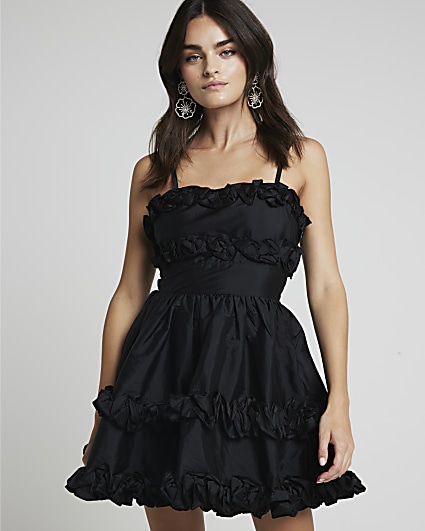 Black ruffle bandeau mini dress