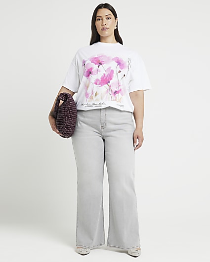 Plus White Flower Graphic T-Shirt