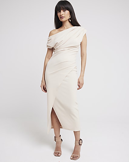 Stone Drape Off Shoulder Bodycon Midi Dress