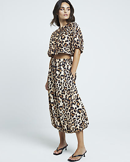 Beige Leopard Print Bubble Hem Midi Skirt