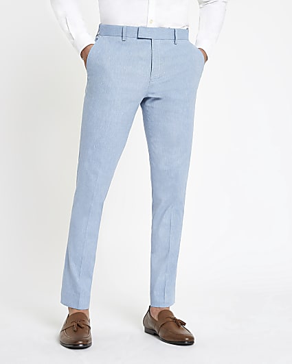 Light blue skinny suit trousers with linen