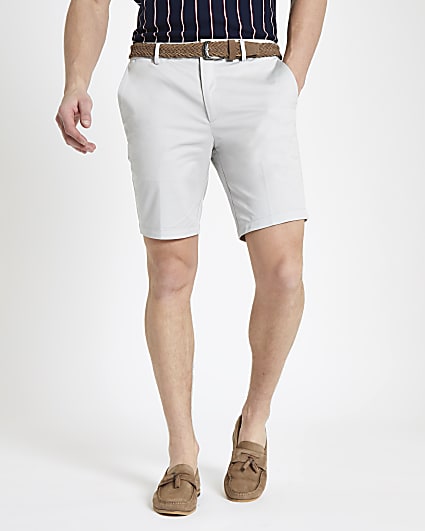 Cream belted slim fit chino shorts