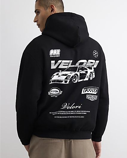 Black Oversized Fit Velori Car Zip Hoodie