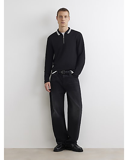 Black Slim Fit Zip Waffle Knit Polo Shirt