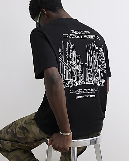 Black Regular Fit Cotton City Scape T-Shirt