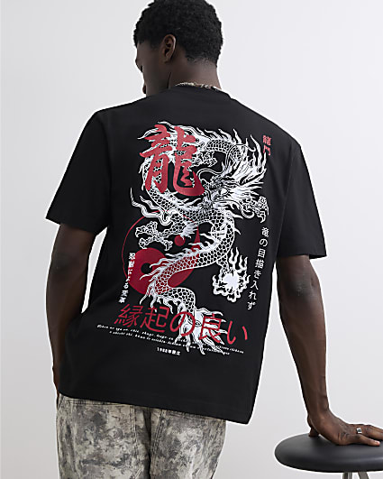 Black Cotton Japanese Dragon T-Shirt