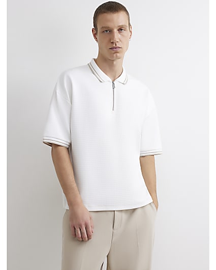 White Boxy Fit Zip Waffle Knit Polo Shirt