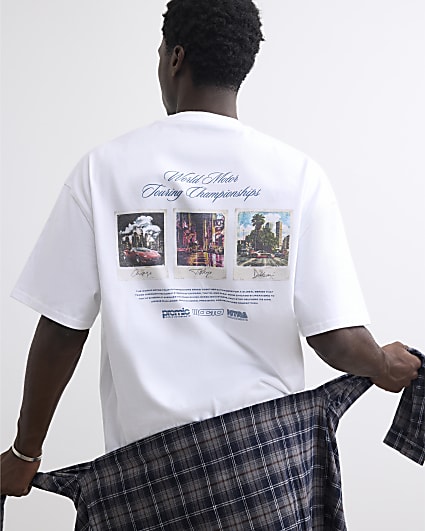 White Cotton Trio Photo Car Race T-Shirt
