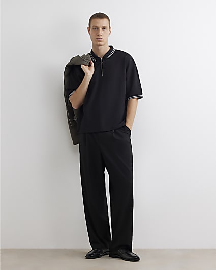 Black Boxy Fit Zip Waffle Knit Polo Shirt