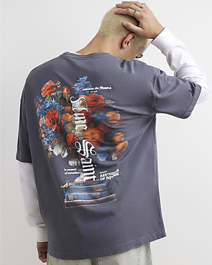 Grey Cotton Blur Floral Vase T-Shirt