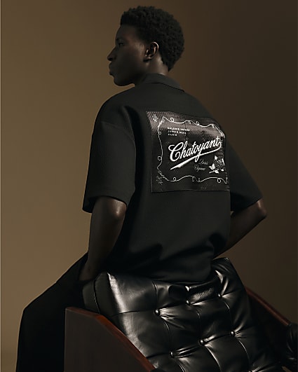 Black Oversized Satin Patch Polo Shirt