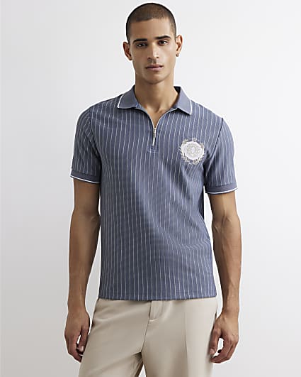 Blue Slim Fit Stripe Crest Polo Shirt
