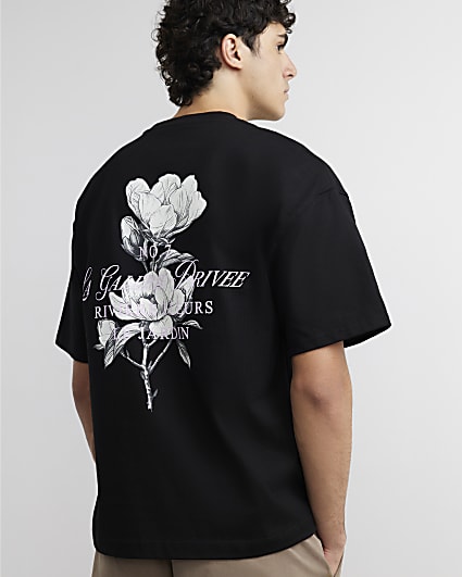Black Cotton Floral Print T-Shirt