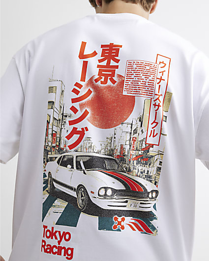 White Cotton Japanese Car Graphic T-Shirt