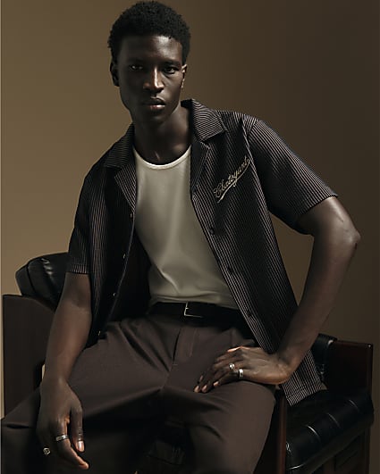 Navy Slim Fit Embroidered Stripe Shirt