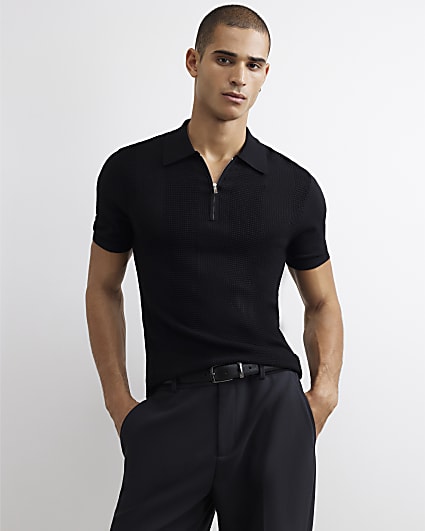 Black Muscle Fit Textured Knit Polo Shirt