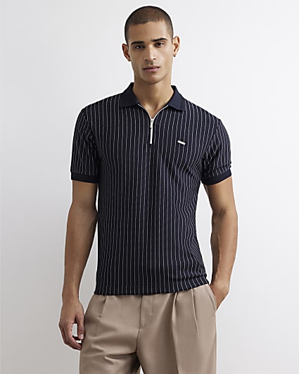 Navy Muscle Fit Pinstripe Zip Polo Shirt