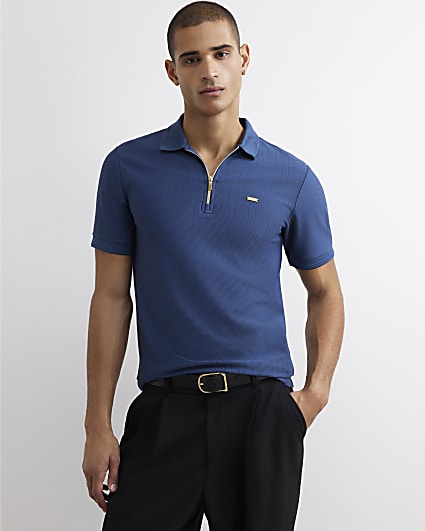 Blue Muscle Fit Textured Polo Shirt
