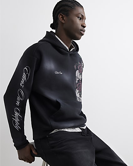 Black Oversized Fit Washed Skull Hoodie