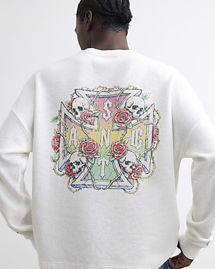 Cream Waffle Knitted Skull Cross T-Shirt