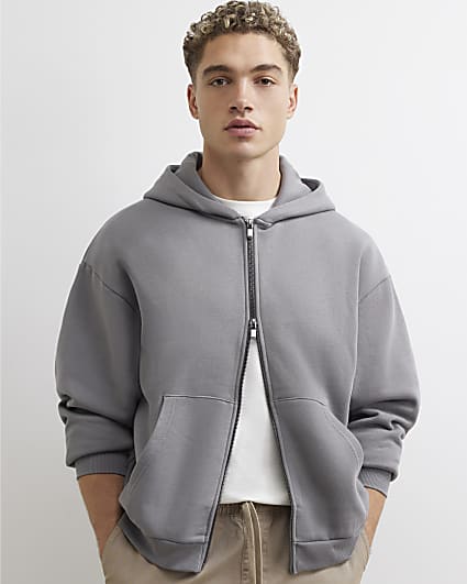 Grey Oversized Fit Cotton Zip Through Hoodie