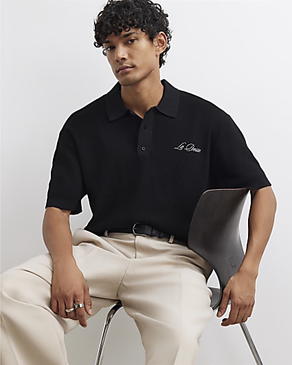 Black Boxy Fit Embroidery Polo Shirt
