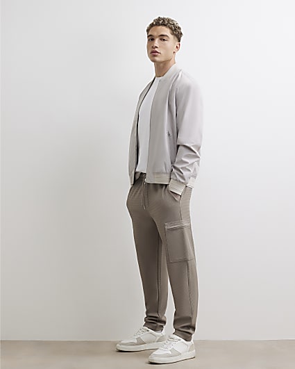 Beige Slim Fit Waffle Cargo Joggers