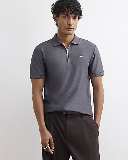 Grey Muscle Fit Textured Polo Shirt