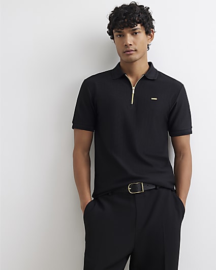 Black Muscle Fit Textured Polo Shirt