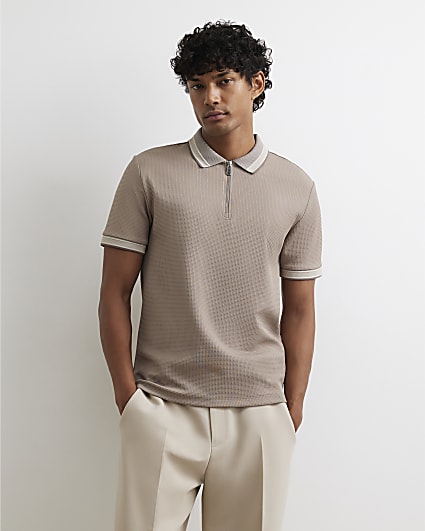 Beige Slim Fit Zip Neck Waffle Polo Shirt