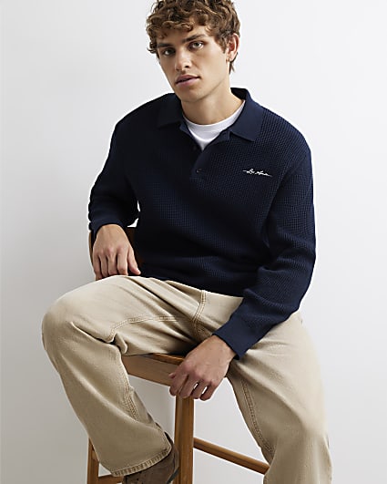 Navy Textured Knit Rugby Jumper