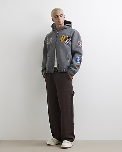 Grey Hooded Multi Badged Varsity Jacket