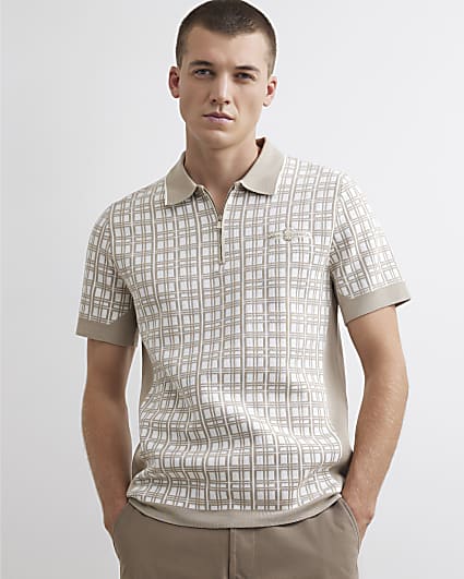Beige Slim Fit Check Knit Blocked Polo Shirt