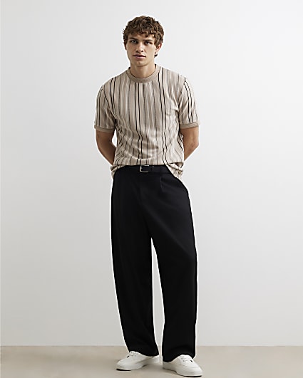 Beige Slim Fit Cotton Stripe Ottoman T-Shirt