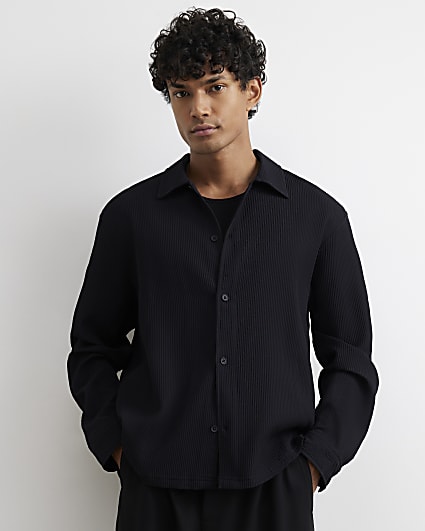 Black Boxy Fit Long Sleeve Plisse Shirt