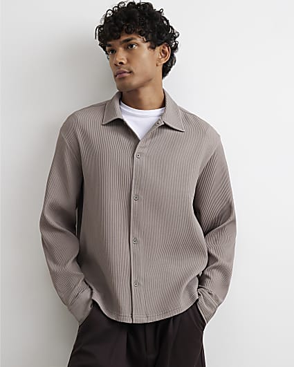Beige Boxy Fit Long Sleeve Plisse Shirt