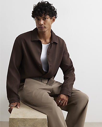 Brown Boxy Fit Long Sleeve Plisse Shirt
