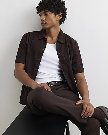 Brown Boxy Fit Plisse Shirt