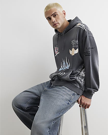 Black Oversized Fit Scribble Hoodie