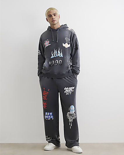 Black Wide Leg Scribble Joggers