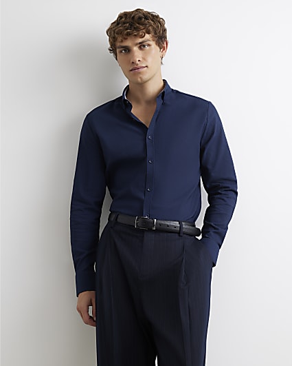 Navy Muscle Fit Textured Long Sleeve Shirt