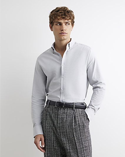 Grey Muscle Fit Textured Long Sleeve Shirt