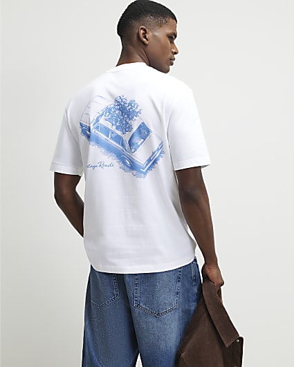 White Regular Fit Cotton Floral Car T-Shirt