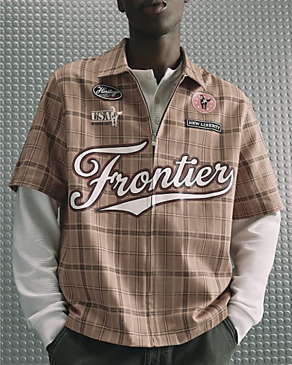 Brown Cotton Check Western Zip Up Shirt